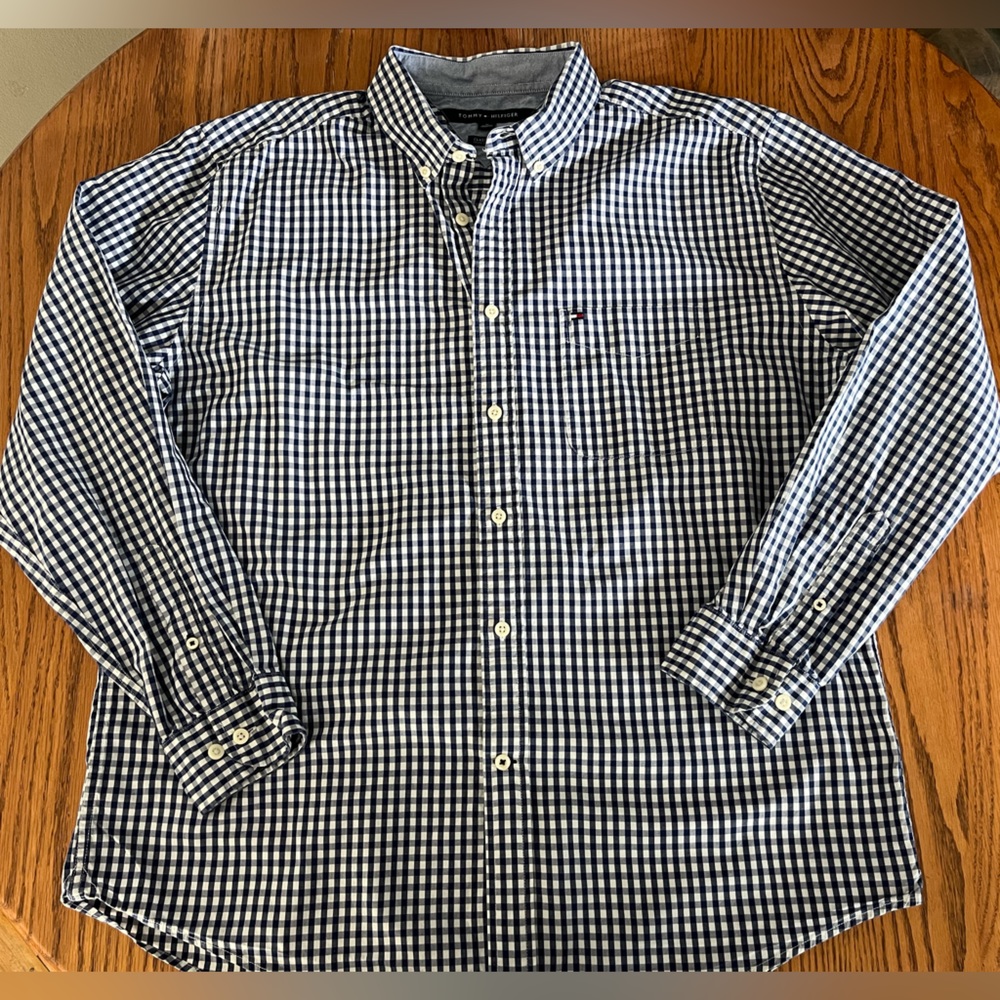 Tommy Hilfiger Blue & White Gingham Check Classic Fit Button Down Shirt Size XL